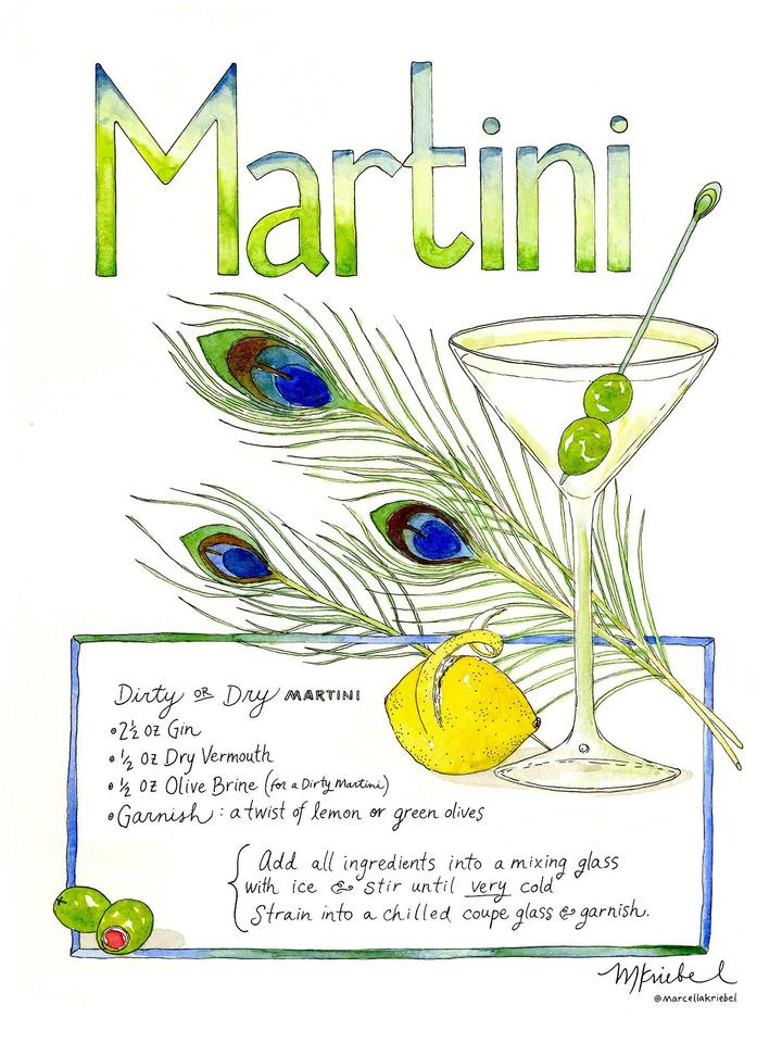 Martini Recipe Watercolor Art Print
