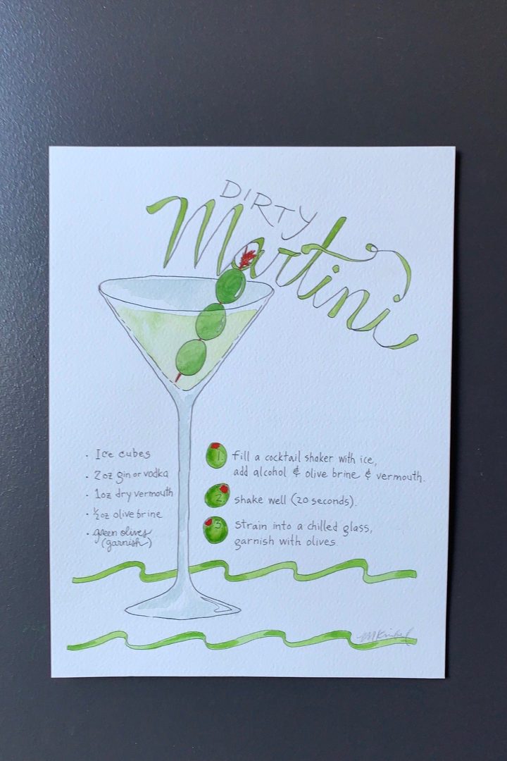 Dirty Martini Recipe Original Watercolor Painting