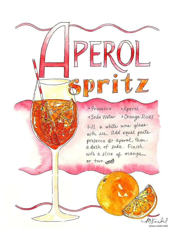 Aperol Spritz Recipe Watercolor Art Print