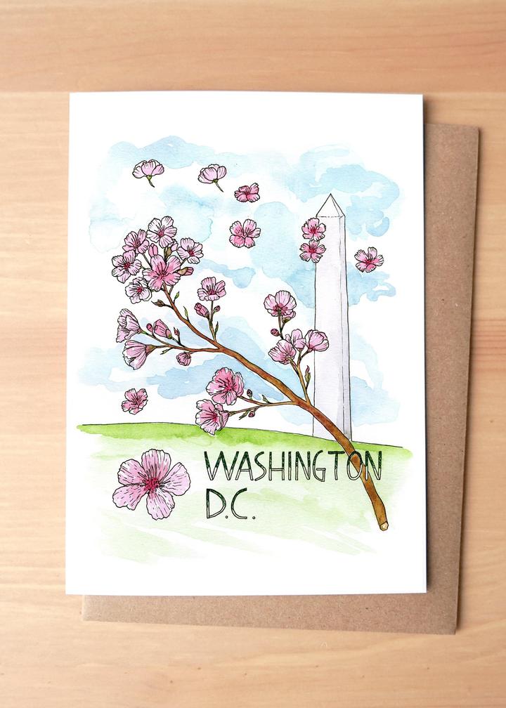 Washington, D.C. Monument and Cherry Blossoms Greeting Card + Envelope