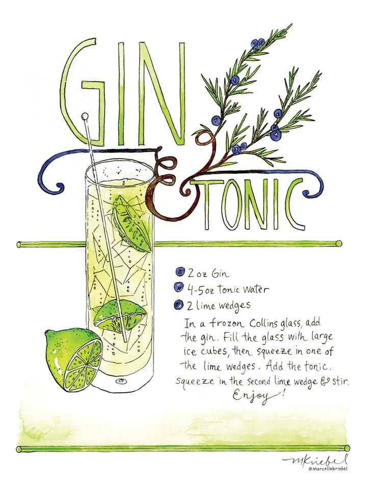 Gin and Tonic Recipe Watercolor Art Print