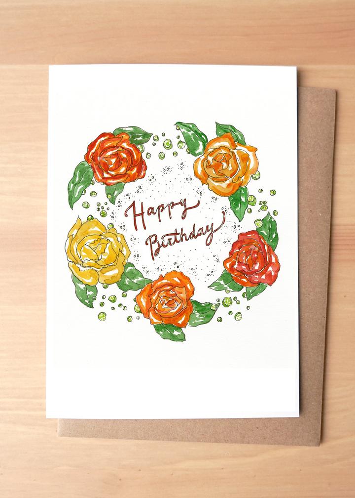 Happy Birthday Rose Wreath Greeting Card + Envelope