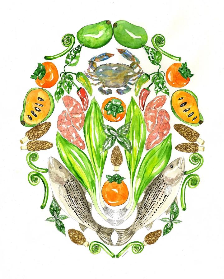 Native Foods of the Mid Atlantic Mandala Watercolor Art Print