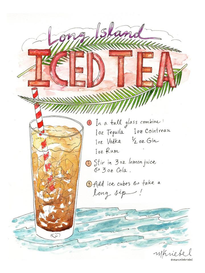 Long Island Iced Tea Recipe Watercolor Art Print