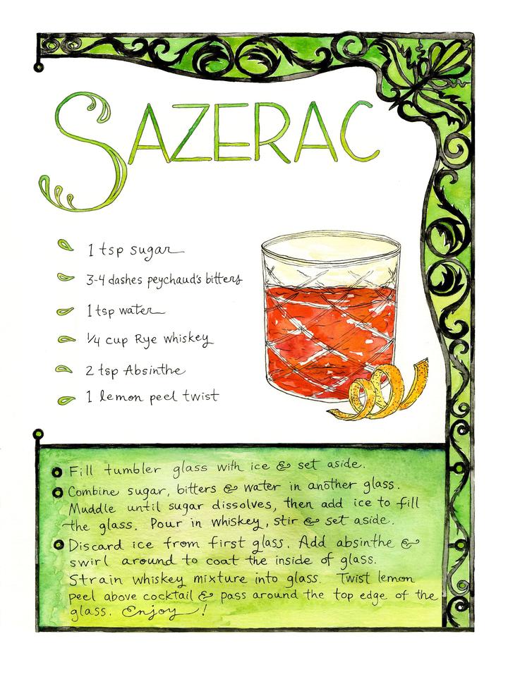 Sazerac Recipe Watercolor Art Print