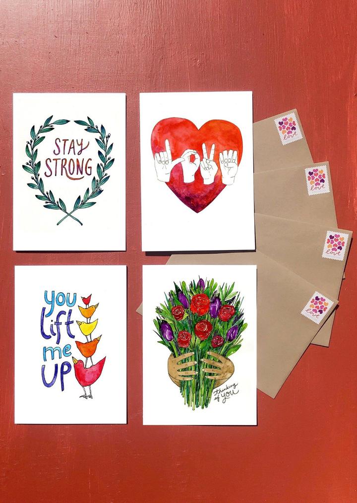 Stay Strong Greeting Card Snail Mail Set with Stamps (Stay Strong, LOVE, You Lift Me Up, Thinking of You)