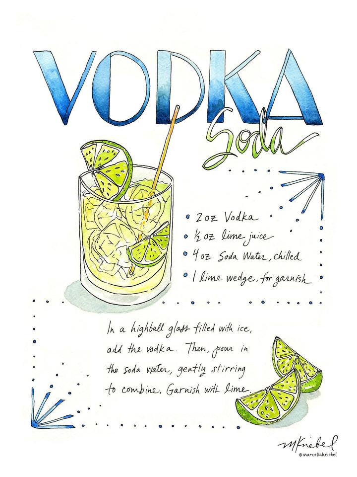 Vodka Soda Recipe Watercolor Art Print