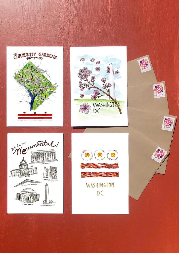 Washington, DC Greeting Card Snail Mail Set with Stamps (Cherry Blossom, Monumental, Community Gardens, Breakfast Flag)