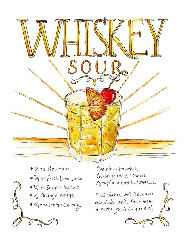 Whiskey Sour Recipe Watercolor Art Print