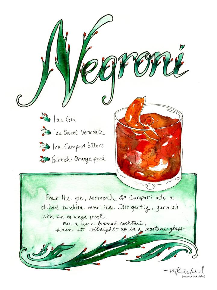 Negroni Recipe Watercolor Art Print